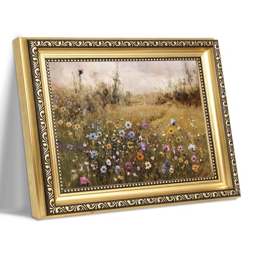 Vintage Wildflower Field Landscape Framed Wall Art Pastel Blooming Flower Meadow Canvas Print Countryside Impasto Oil Painting Rustic Cottagecore for Living Room Bedroom Kitchen Home Office Gallery Wall Decor Gift for Art Lovers Friends New Homeowners - c