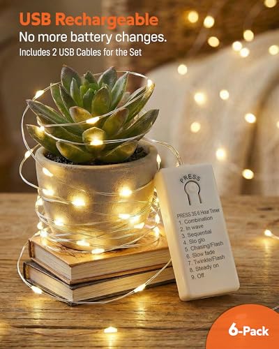 6 Pack USB Rechargeable Twinkle Fairy Lights with Timer - color: Warm White
