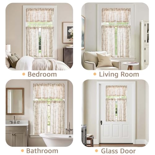 jinchan Taupe Linen Floral Kitchen Tier Curtains and Valance Set 3 Pieces - color: Alisa | Taupe on Linen, size: 26"W x 36"L (Pack of 3)