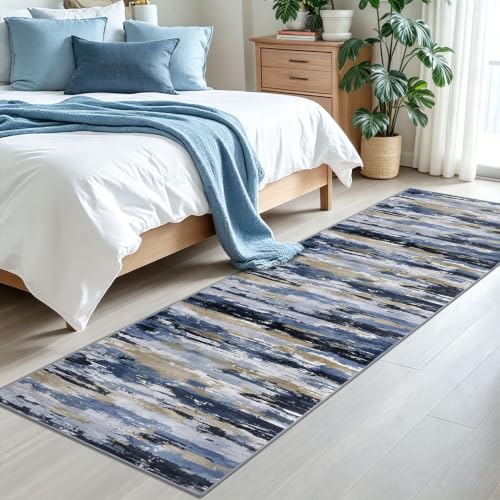 Abstract Washable 2x8 Runner Rug Non Slip Runners for Hallway - color: Navy / Blue / Taupe, size: 2' x 8' (Runner)