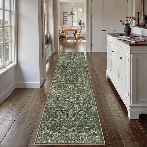 2.6x10 Washable Kitchen Runner Rug Soft Retro Dark Green Throw Carpet - color: Dark Green, size: 2.6' x 10' (Runner)