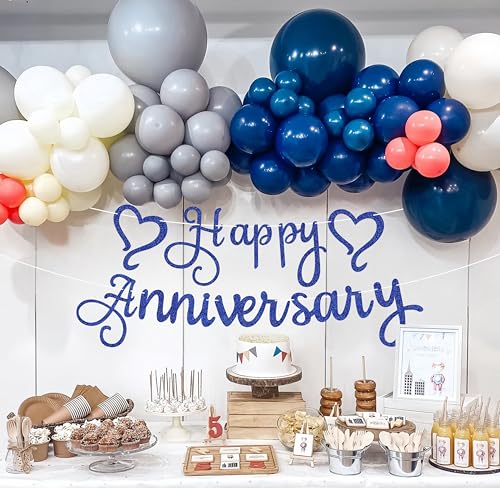 Pre-Strung Happy Anniversary Banner - Royal Blue Glitter Wedding Anniversary Decorations, Party Photo Booth Props - color: Royal Blue