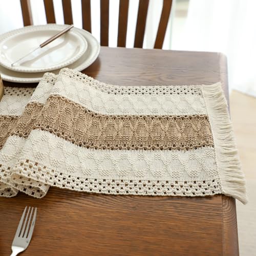 Simple&Opulence Boho Macrame Table Runner - 12 x 60 Inch, Splicing Burlap Farmhouse Cotton Table Runner with Fringed Edges for Bohemian Rustic Wedding, Bridal Shower, Dinner （White & Brown） - size: 12"x60", style: Brown