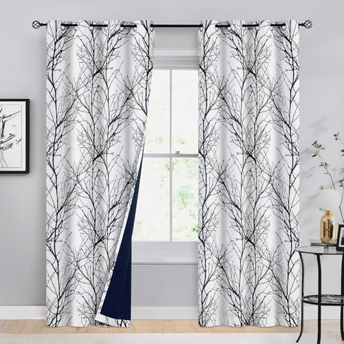 FMFUNCTEX 100% Blackout Black Grey Tree Branch Curtains 72 Inch 2 Panels - color: Grommet | Black, size: 52"W x 72"L (Pack of 2)
