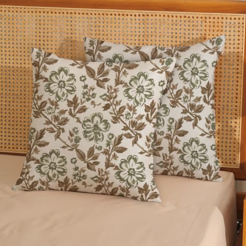 CXMEIFLY Boho Sage Green Brown Floral Pillow Covers 18 x 18 Inch Set of 2 Vintage Block Print Flower Outdoor Decor Throw Pillows Neutral Linen Farmhouse Decorative Pillowcases for Couch Bed Sofa - color: Green Brown, size: 18" x 18" (Pack of 2)