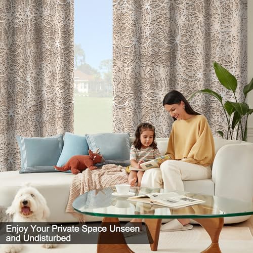 Abstract Floral Patterned Blackout Curtains for Bedroom and Living Room, Farmhouse Summer Thermal Insulated Curtains 84 Inch Length 2 Panels Set, Room Darkening Soundproof Curtains with Two Tiebacks - color: Beige Line Floral