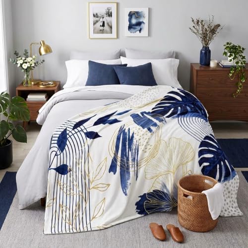 Blue Leaf Throw Blanket, Navy Blue and Gold, 60x80 in - color: Blue, size: 60"Wx80"L