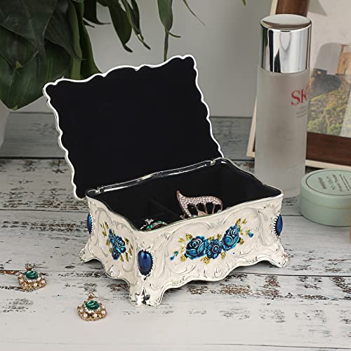 Hipiwe Vintage Metal Jewelry Box White Trinket Boxes Engraved Blue Pattern - color: Silvery white, size: Medium