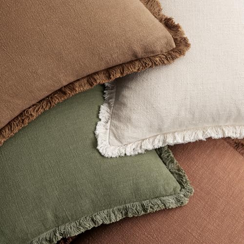 MIULEE Fall Linen Fringe Pillow Covers Set of 4 20x20 Beige/Brown/Green - color: Brown Green, size: 20" x 20" (Pack of 4)