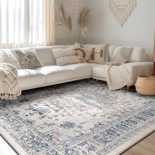 BESTSWEETIE Washable Boho 6x9 Area Rug, No Pile for Living Room, Beige Blue - color: Beige/Blue, size: 9' x 6' (Rectangular)
