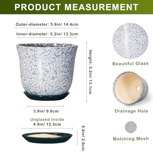 5.6 Inch Plant Pot - Ceramic Plant Pots for Indoor Outdoor, Round Orchid Succulent Pots with Drainage Hole and Saucer, Modern Flower Pot, Home Office Decor, Green-White - color: Crack Blackish Green, size: 6 Inch