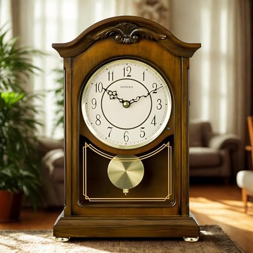 DODEKA Wooden Mantel Clock TCW004DB Pendulum Carved Case Hourly Chime Classic Melody Antique Style for Fireplace, Table, Bedroom, Living Room