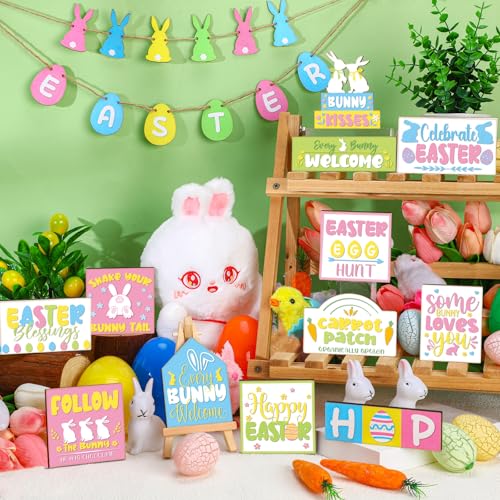 Amyhill 30 Pcs Easter Tiered Tray Decor Spring Easter Decorations Pastel Bunny Egg Farmhouse Wooden Signs Tiered Tray Decor for Home Kitchen Coffee Bar Table Shelf - style: Rustic Easter