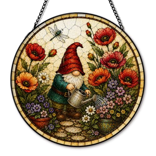 Gnome Flower Suncatcher Stained Glass Window Hanging, Gnome Gardener Plant Floral Sun Catchers Indoor Window Glass Round Wall Decor, Plant Lover Gifts Wall Art Hanging Decorations, 7.8x7.8in - color: Water Flowers