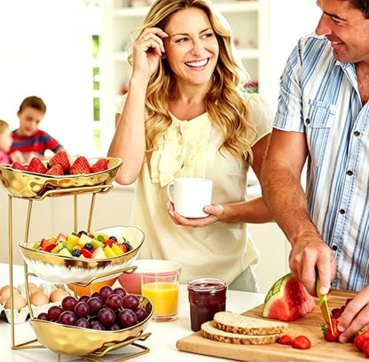 Fruit Bowl for Kitchen Counter, 3 Tier Gold Trim Ceramic Fruit Stand Basket for Countertop, Fruiti and Vegetable Rack with Thickened Metal Holder, Vegetable Dessert Nuts Storage (Gold) - color: Gold