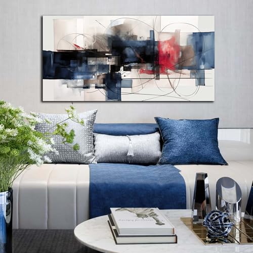 Fuwobriva Abstract Canvas Wall Art for Living Room Bedroom Office Large Wall Art Decor Abstract Wall Art Modern Black Red and Blue Geometry Painting Artwork 20"x40"