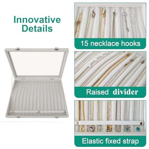 15-Hook Anti-Tangle Necklace Organizer Box with Divided Slots - color: Beige-15 necklaces