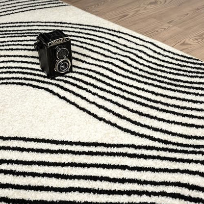 Abani Nuevo Beige Black Swirls Modern Area Rug 6' Round for Living Room, Bedroom - Abstract Design - Durable & Easy to Clean - color: Cream, size: 6' (Round)