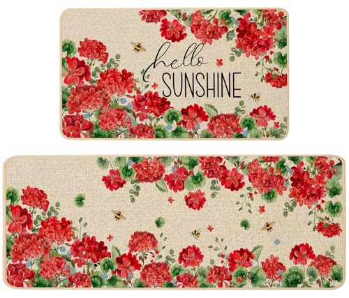 Baccessor Summer Kitchen Mats Set of 2, Geranium Floral Bee Kitchen Rugs for Floor Non Slip Absorbent Low-Profile Seasonal Farmhouse Home Decor 17x29 and 17x47 Inch - color: Geranium