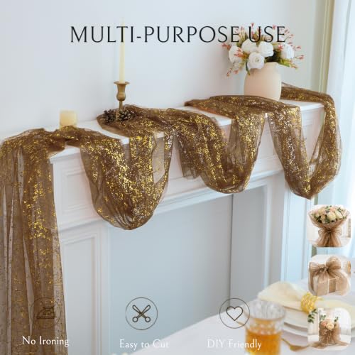Snowkingdom 3Pcs 10Ft Coffee Gold Gauze Sheer Table Runner - color: Coffee Gold, size: 10FT/3Pcs
