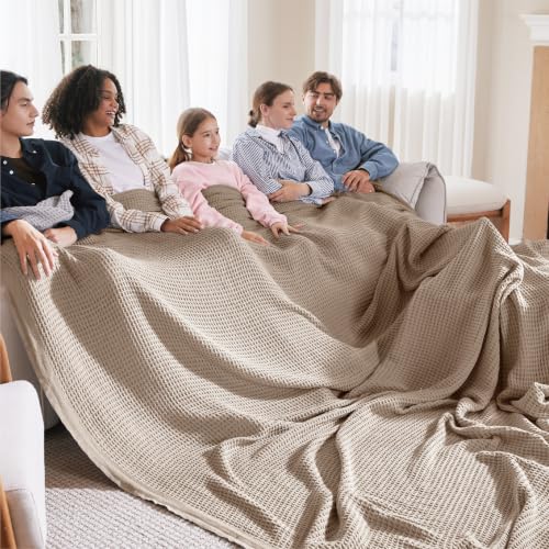 Bedsure 100% Cotton Big Oversized King Blanket, Waffle Weave, Khaki Brown - color: 03 Khaki Brown, size: Oversized King (120" X 94")