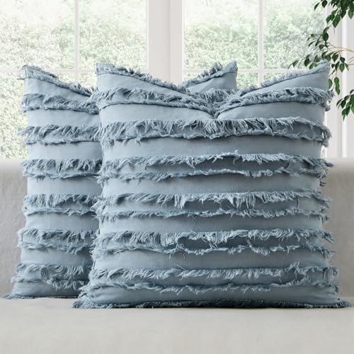 MIULEE Boho Linen Striped Throw Pillow Covers 18x18, Blue Grey - color: Blue Grey, size: 18" x 18" (Pack of 2)