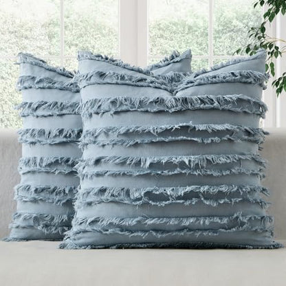 MIULEE Boho Linen Striped Throw Pillow Covers 18x18, Blue Grey - color: Blue Grey, size: 18" x 18" (Pack of 2)