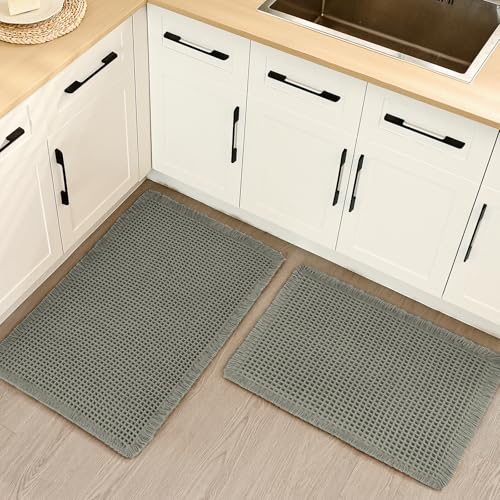 Luxury Waffle Bath Mat, Super Absorbent Non Slip Bathroom Rugs, Boho Ultra Soft Comfort Machine Washable Quick Dry Floor Mats with Tassels (Olive Green, 17" x 24" + 20" x 30") - color: Olive Green, size: 17" X 24" + 20" X 30"