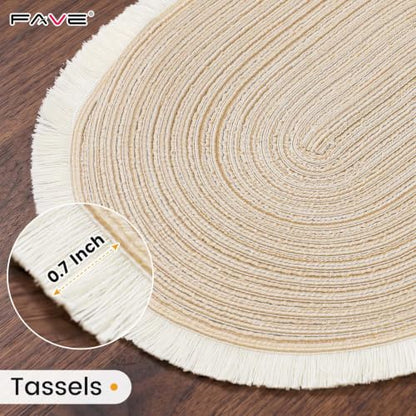 FAVE Boho Oval Woven Placemats Set of 6, Washable Table Mats with Tassels - color: Beige