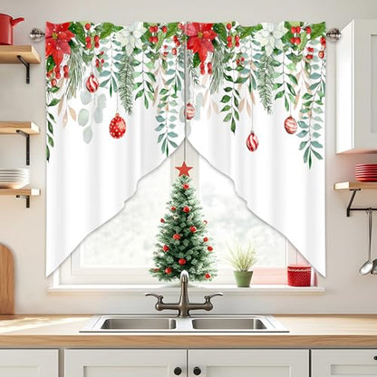 Christmas Ball Swag Valances 1 Pair, Window Treatment 28x36 in - color: Green Leaves-christmas, size: 28"W x 36"L (Pack of 2)