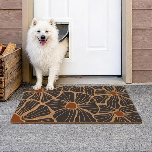 Boho Abstract Floral Door Mat,Mid Century Modern Black Flower Front Door Mat Rug Outdoor Indoor Entrance, Retro Bohemian Botancial Artificial Coir Doormat for Porch Patio, 30x17 Inch