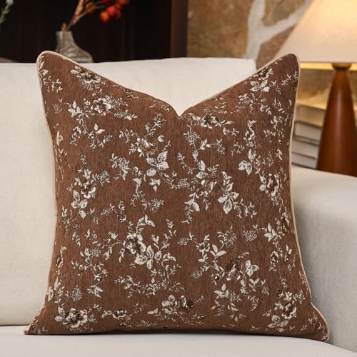 Spring Flower Throw Pillow Cover 18x18 Inch Brown Vintage Floral Pillow Cover Farmhouse Summer Cushion Cover Leaf Retro Chenille Pillowcase Home Decor for Sofa Living Room Couch - color: Brown, size: 18" x 18" (Pack of 1)
