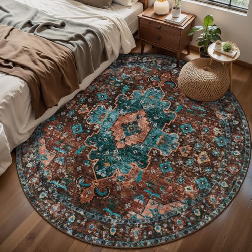 Ciicool 6ft Round Boho Large Area Rug,Washable Circle Rugs for Living Room - color: Brick Red/Dull Teal, size: 6' (Round)