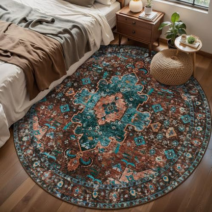 Ciicool 6ft Round Boho Large Area Rug,Washable Circle Rugs for Living Room - color: Brick Red/Dull Teal, size: 6' (Round)