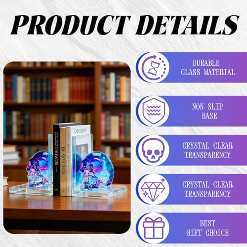Decorative Bookends for Shelves - Glass Unique Bookends Crystal Skull for Heavy Books, Beauty Home Office Decor, Day of The Dead Decor (Blue-Purple) - color: Blue-purple
