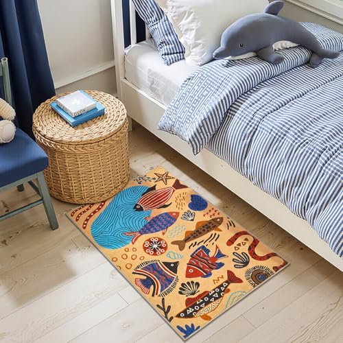 jinchan 2x3 Coastal Area Rug Washable Kids Rug Colorful Ocean Fish Mat, Tan - color: Undersea Stroll Light Taupe, size: 2' x 3' (Rectangular)