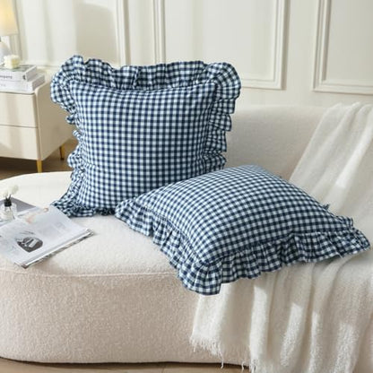 Silnuo Navy Blue/White Gingham Plaid Ruffle Throw Pillow Covers 18"x18" - color: Navy Blue Plaid, size: 18" x 18" (Pack of 2)