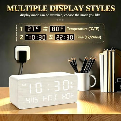 Premium White Wooden Digital Alarm Clock with Wireless Phone Charger, USB Charging Ports, Dimmable LED Display, Date & Day of Week, Temperature, Digital Desk Clock for Bedroom Nightstand Bedside Table - color: White