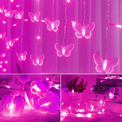 Butterfly Curtain Fairy Lights USB Plug in,120 LED 8 Modes 20FT Firefly Twinkle Icicle String Lights with Remote Timer Waterproof Copper Wire for Bedroom Patio Christmas Wedding Party Dorm(Pink) - color: Pink