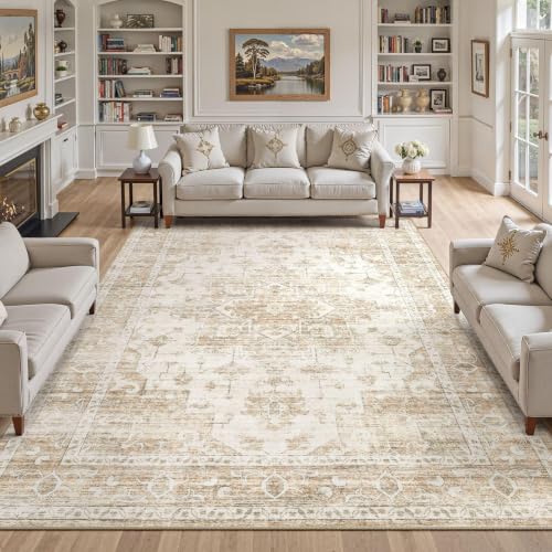 12x15 Area Rug: Washable Neutral Large Beige Rugs for Living Room - color: Beige, size: 12' x 15' (Rectangular)