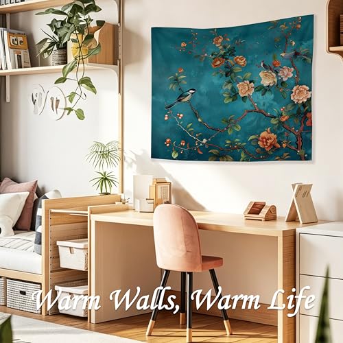 WDSFHYJK Vintage Chinoiserie Floral Bird Tapestry Wall Hanging, Teal Rustic Cottagecore Flower Botanical Bird Wall Tapestry Backdrop for Bedroom Living Room Home Decor, 50x60 Inch - color: Many colors-Chinoiserie Floral Bird