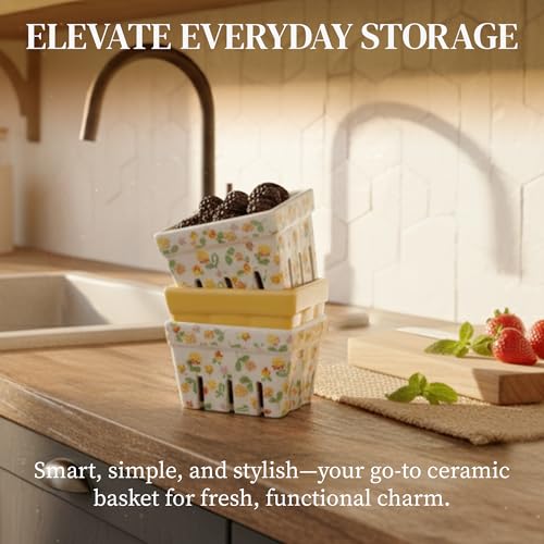 BIEN BEAU Ceramic Berry Basket Set of 4, Floral Fruit Colanders for Kitchen - color: Yellow