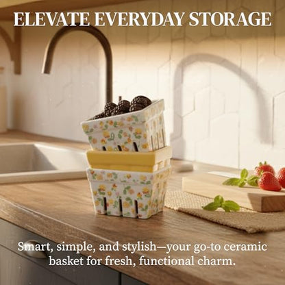 BIEN BEAU Ceramic Berry Basket Set of 4, Floral Fruit Colanders for Kitchen - color: Yellow