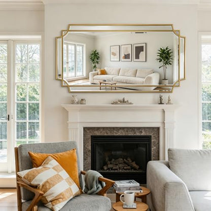 59"x30" Large Rectangle Beveled Mirror with Gold Geometric Frame - color: Gold, size: 59"L x 30"W