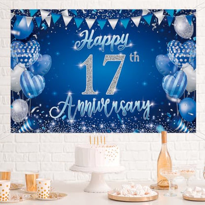 17th Anniversary Backdrop,Blue Silver 17th Wedding Anniversary Background - color: Blue, size: 17th