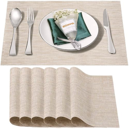 Beige White Vinyl Placemats Set of 6,Washable PVC Table Mats | Heat resistant, stain resistant non slip vinyl place mats, washable beige white table placemats for dining table - color: Beige-a, size: 6PCS 12"Wx18"L