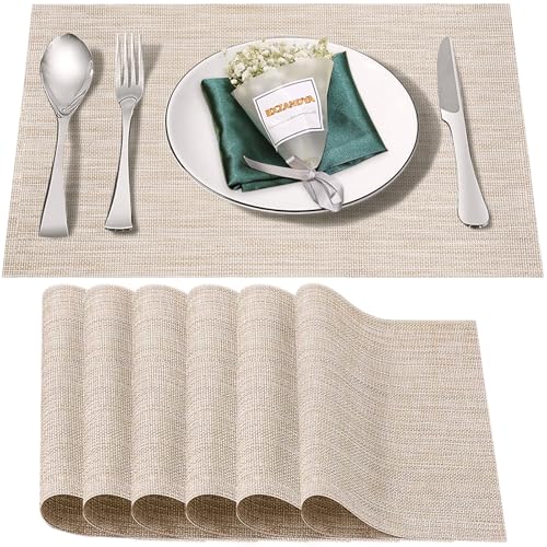Beige White Vinyl Placemats Set of 6,Washable PVC Table Mats | Heat resistant, stain resistant non slip vinyl place mats, washable beige white table placemats for dining table - color: Beige-a, size: 6PCS 12"Wx18"L