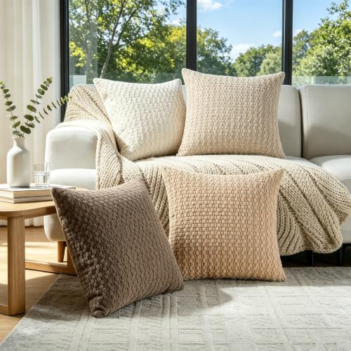 ZONYO Throw Pillow Covers 18x18 Set of 4, Soft Bubble Texture Corduroy Decorative Pillows, Fade Resistant Washable Neutral Beige Brown Cushion Covers for Couch Sofa Bed, Boho Farmhouse Decor - color: Caramel Brown
