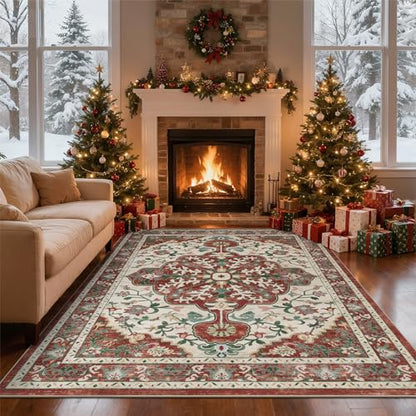 U'Artlines Red Christmas Area Rug 8x10 Boho Washable Soft Holiday Carpet - color: Christmas Red, size: 8' x 10' (Rectangular)