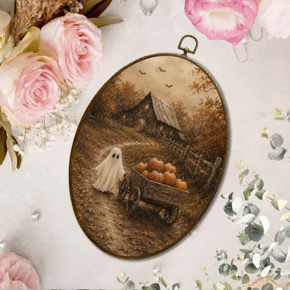 JQF Fall Halloween Ghost Pumpkin Oval Wall Decor Framed 8.5x11.5 Inch - color: ghost-10